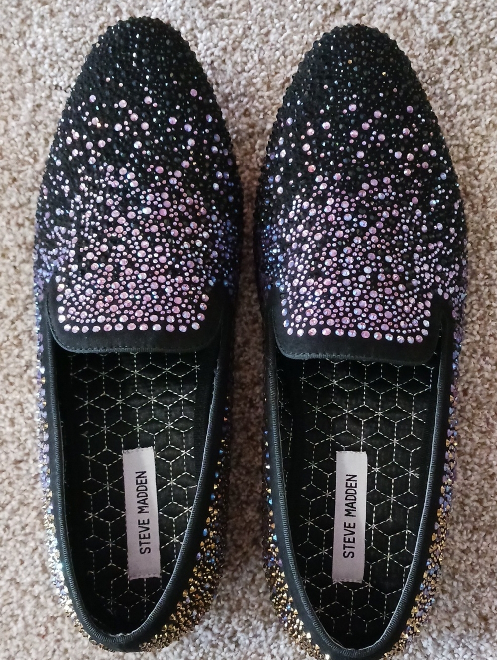 Steve Madden~Crystal-Studded Black Slip-On Loafers- Fabulous!